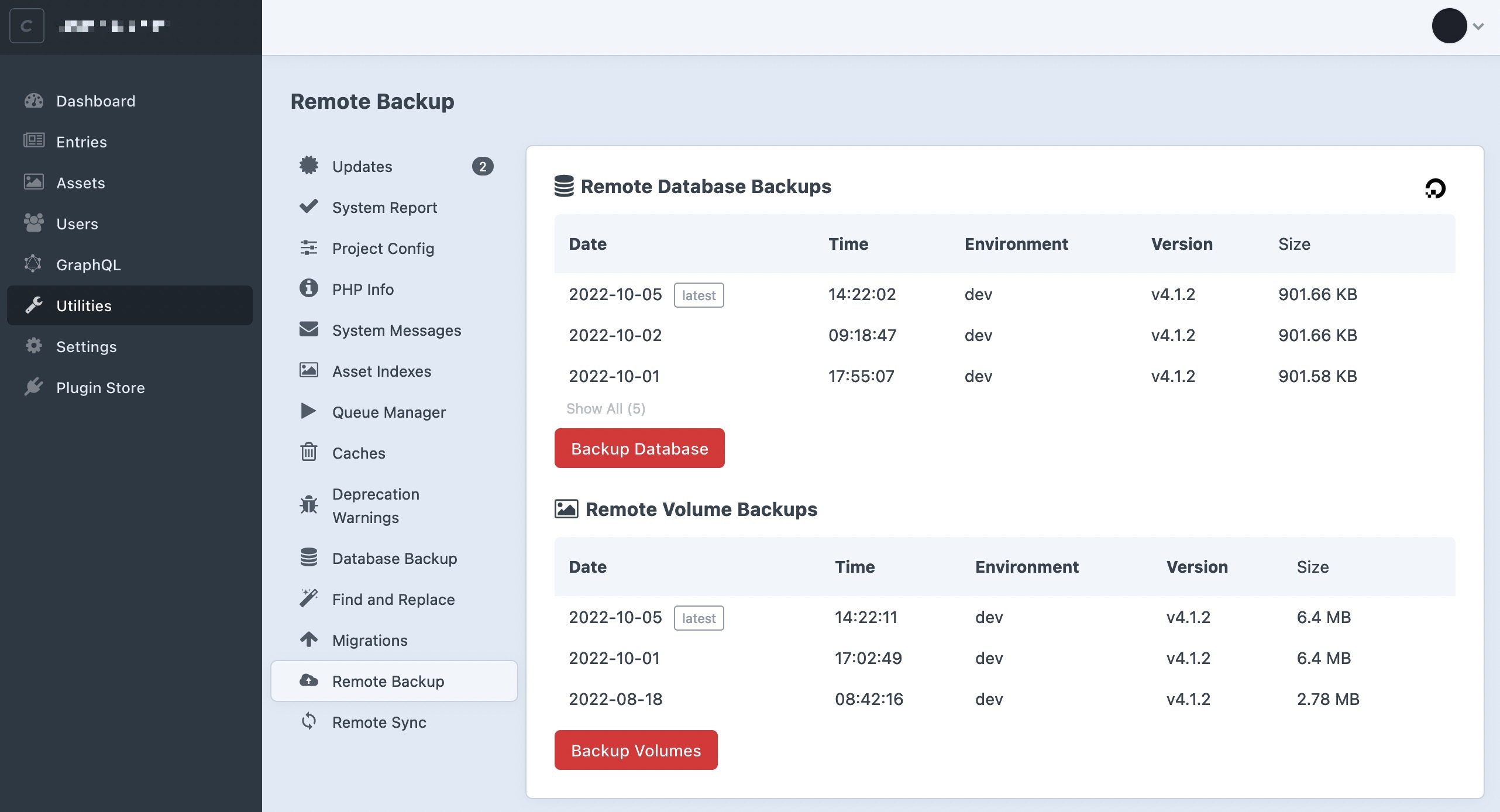 The utilities interface for Remote Backup